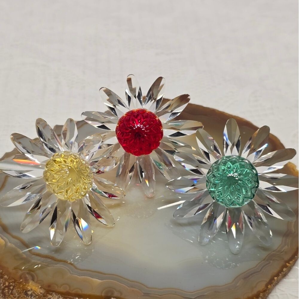 Swarovski MARGUERITE Daisy Flowers Teal Red Yellow Set Of 3 Figurines